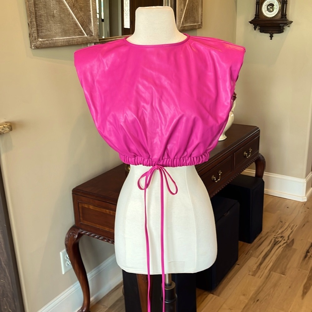 Pink Leather Look Top Drawstring Cropped Hem
